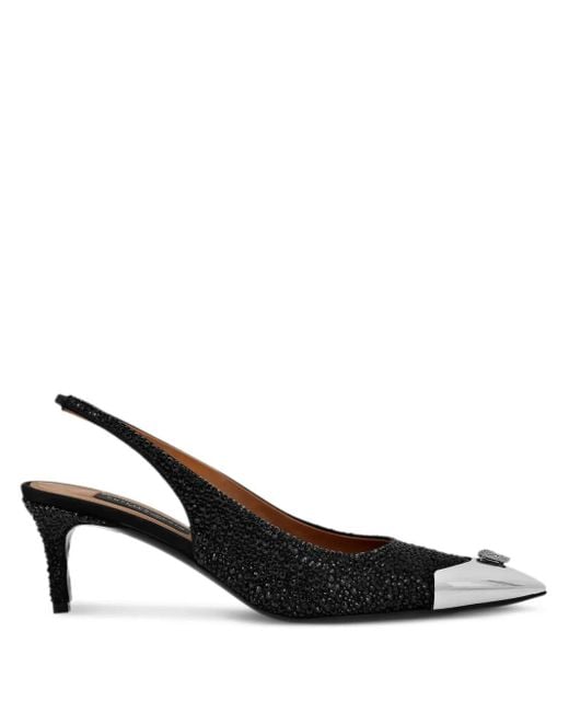 Philipp Plein Black Satin Sllingback Pumps Mix Strass