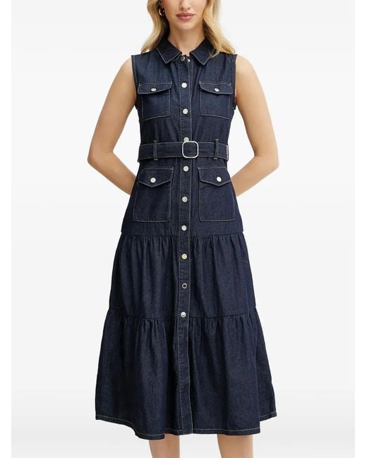 Morgan Blue Belted-Waist Tiered Dress