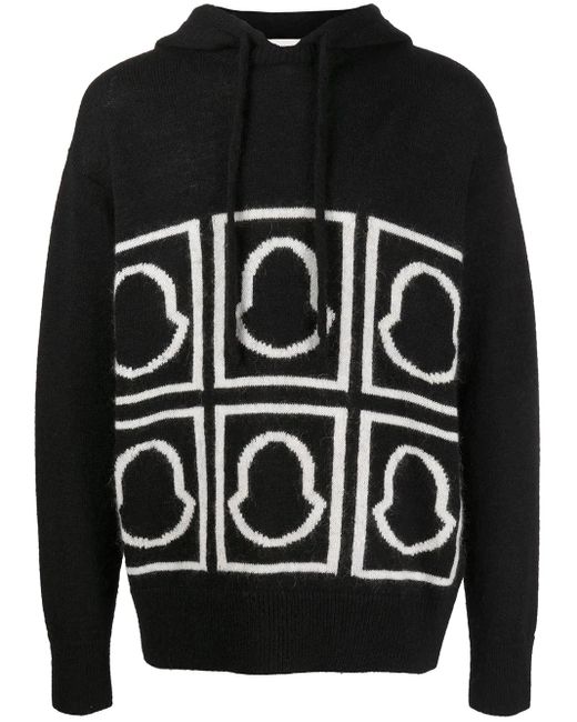 Moncler Black Logo-Intarsia Knitted Hoodie for men