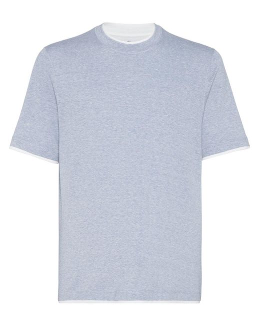 Brunello Cucinelli Blue Layered Cotton-linen T-shirt for men