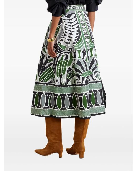 Farm Rio Green Pleated Printed Cotton-Poplin Midi Skirt