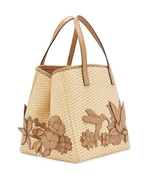 Oscar de la Renta Metallic Small Floral-appliqué Raffia Tote Bag