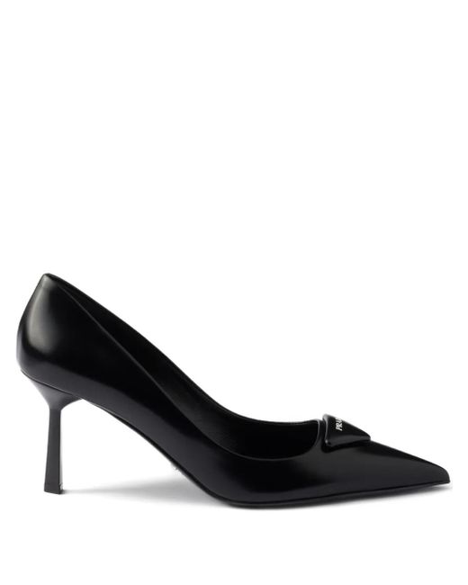 Prada Black 75Mm Triangle-Logo Leather Pumps