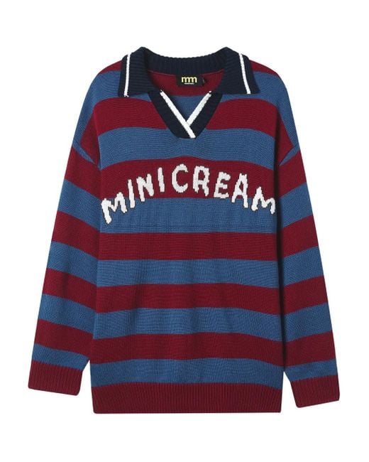 Mini Cream ストライプ ポロネックセーター Blue