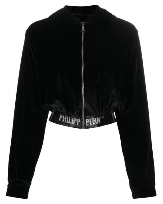 Philipp Plein Black Logo-Embellishment Velour Hoodie