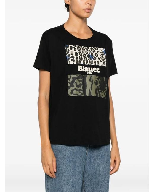 Blauer Black Logo-Print Leopard-Pattern T-Shirt
