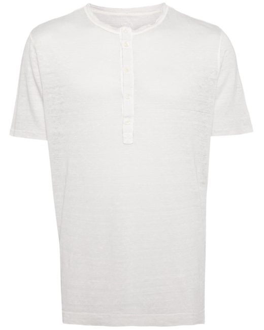 120% Lino White Button-placket Linen T-shirt for men