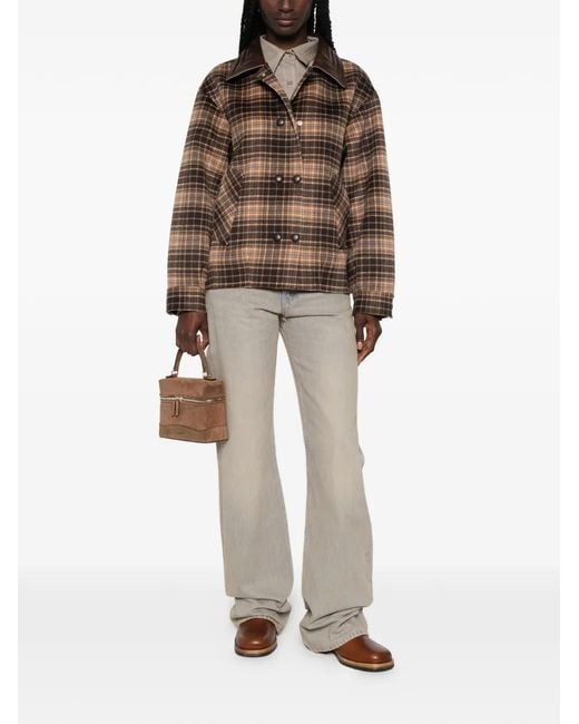 Sandro Brown Checked Leather-Collar Jacket