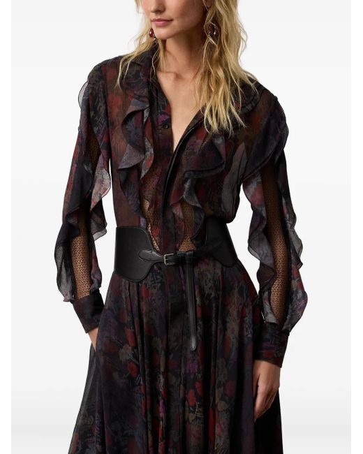 Ralph Lauren Black Ruffled Floral-Print Midi Dress