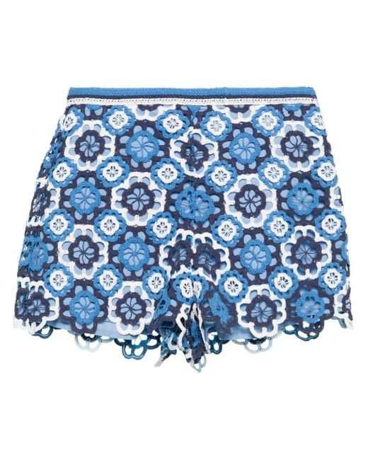 Maje Blue Clover-macramé Cotton Shorts