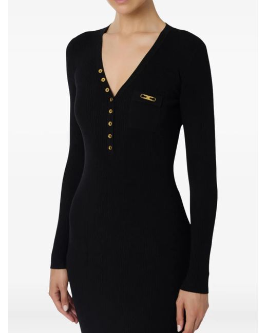 Elisabetta Franchi Black Geripptes Midikleid mit Knöpfen
