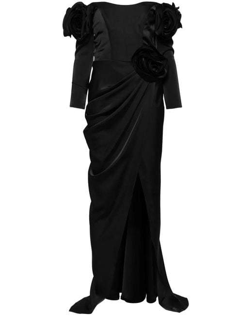 Ana Radu Black Floral-Appliqué Satin Gown