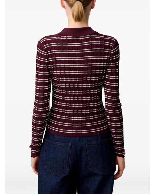 Claudie Pierlot Purple Striped Ribbed-Knit Polo Top