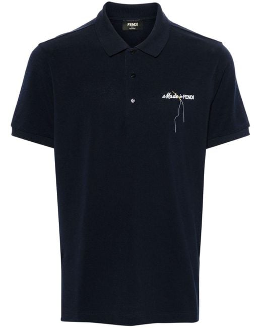 Fendi Blue Logo-Embroidered Cotton Polo Shirt for men