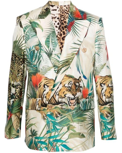 Roberto Cavalli Green Jungle-print Silk Blazer for men