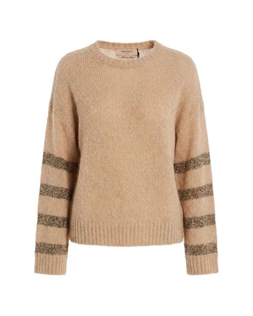 Twinset Natural Sequin-Striped Round-Neck Sweater