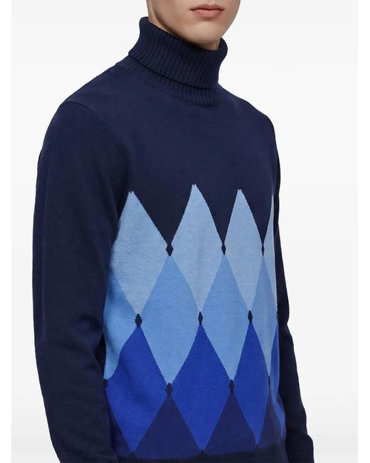 Ballantyne Blue Diamond-Pattern Roll-Neck Sweater for men
