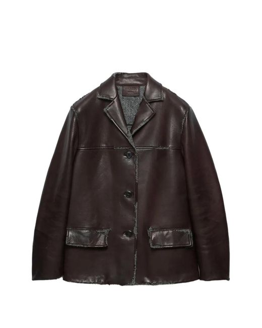 Prada Brown Bonded Nappa-Leather And Chevron Shetland Wool Jacket