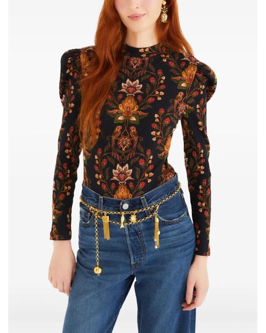 Farm Rio Black Puffed-sleeve Floral-pattern Bodysuit