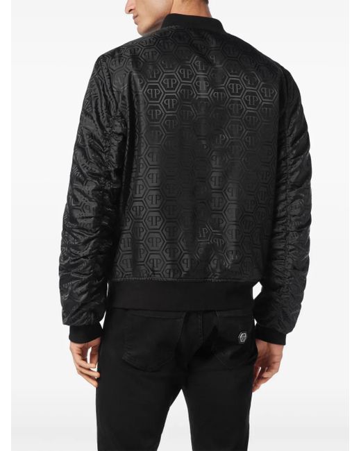 Philipp Plein Black Monogram-Jacquard Bomber Jacket for men