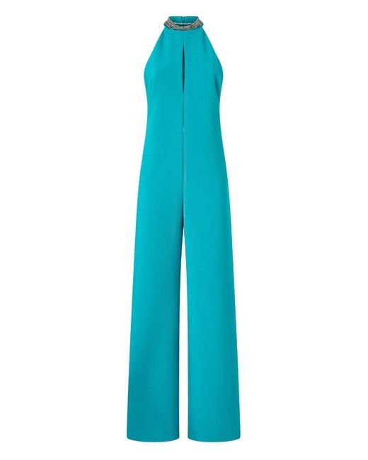 Pinko Blue Long Playsuit With Halterneck And Jewel Decoration