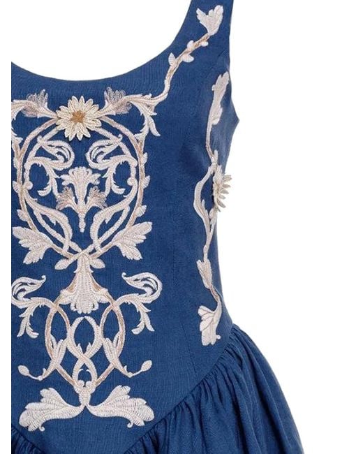 Agua Bendita Blue Pluma Embroidered Mini Dress