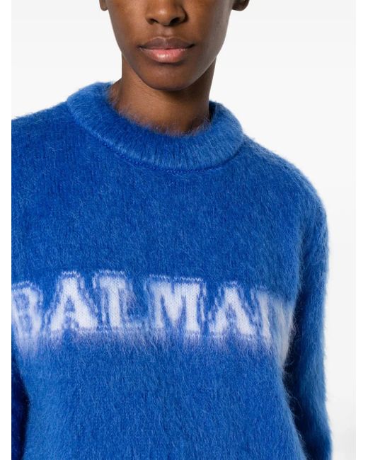Balmain Blue Logo-Jacquard Jumper