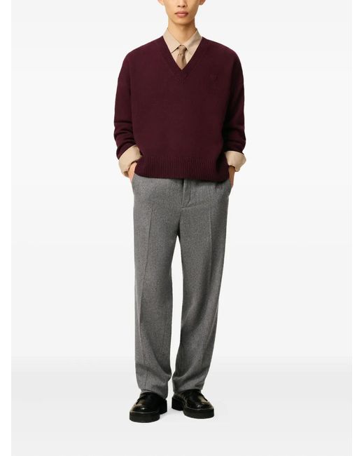 AMI Red Ami De Coeur V-Neck Wool Sweater