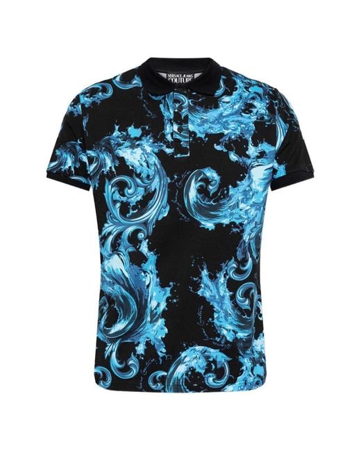 Versace Jeans Couture Blue Printed Short-Sleeve Polo Shirt for men