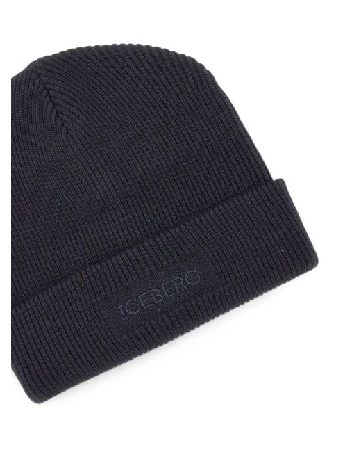Iceberg Blue Ribbed-Knit Embroidered Beanie Hat for men