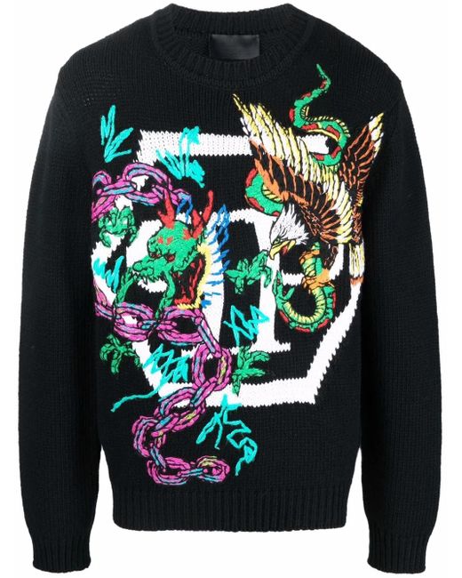 Philipp Plein Gray Patterned Intarsia-Knit Jumper