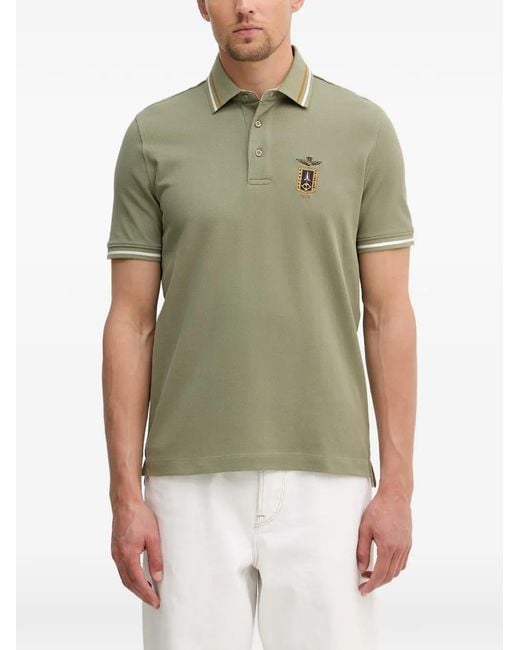 Aeronautica Militare Green Logo-Embroidered Tipped Polo Shirt for men