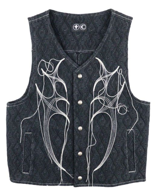 THUG CLUB Blue Embroidered Denim Vest for men