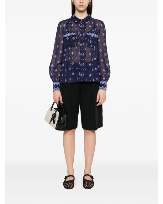 Self-Portrait Blue Patterned Chiffon Blouse