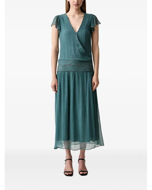 INTROPIA Green Beaded Short-Sleeved Wrap Midi Dress