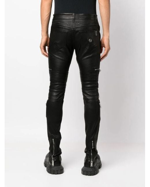 Philipp Plein Black Zippered Leather Biker Trousers for men