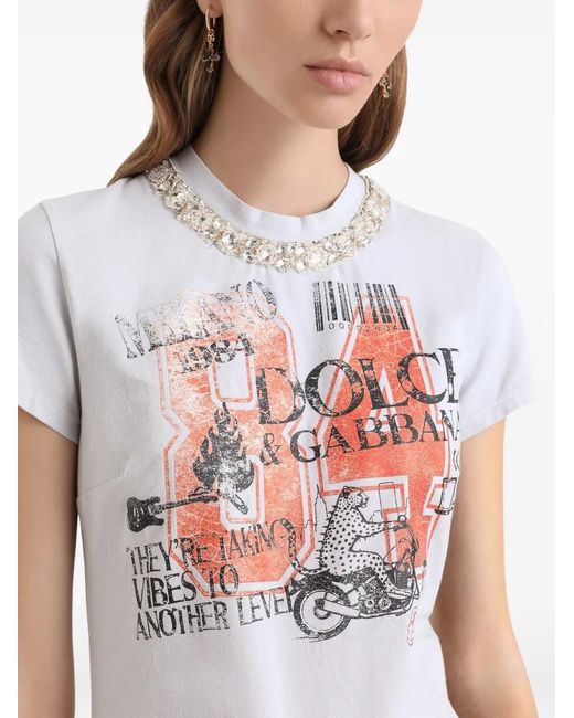 Dolce & Gabbana White Print-Detail Embellished T-Shirt