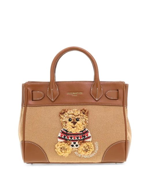 RUE MADAM PARIS Brown Marvin Love Teddy-Bear Patch Panelled Tote Bag