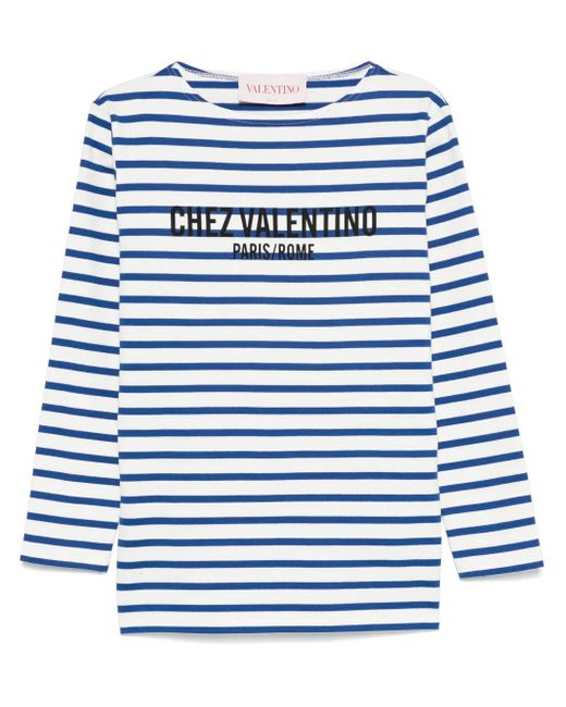 Valentino Garavani Blue Long Sleeve Cotton T-Shirt With Chez Print