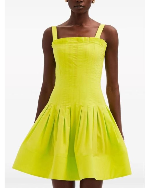 Oscar de la Renta Yellow Sleeveless Pleated Poplin Minidress