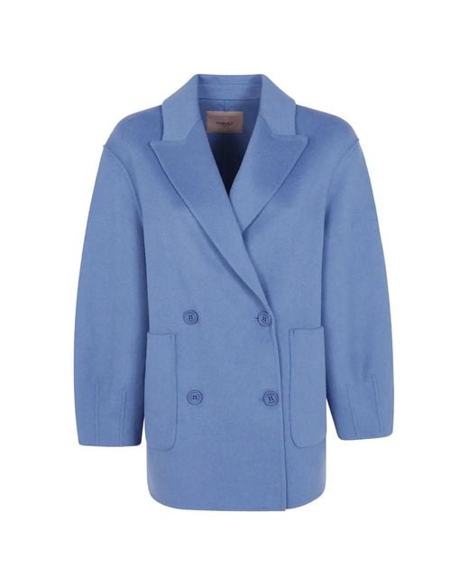 Twinset Blue Wool-Blend Cloth Caban Coat