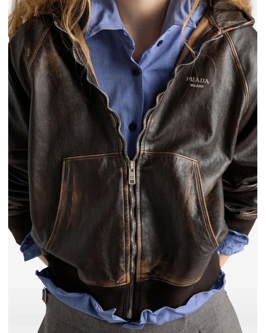 Chaqueta De Piel Con Capucha Prada de color Black