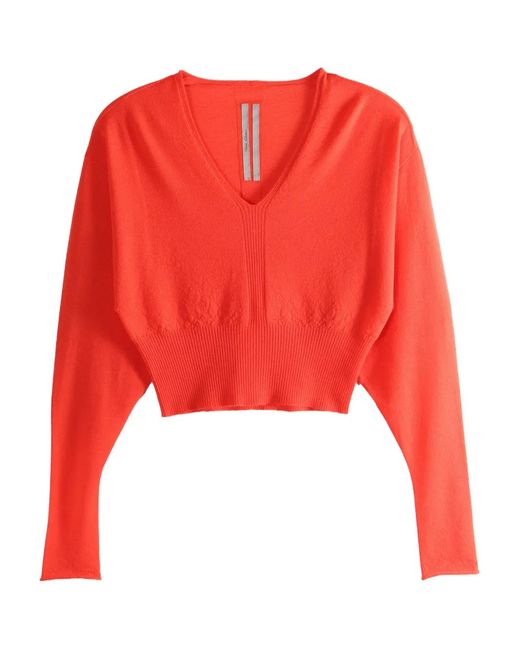 Rick Owens Red V-Neck Ribbed Sweater