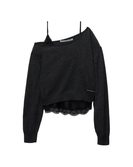 Alexander Wang Black Off-Shoulder Lace-Trim Sweater