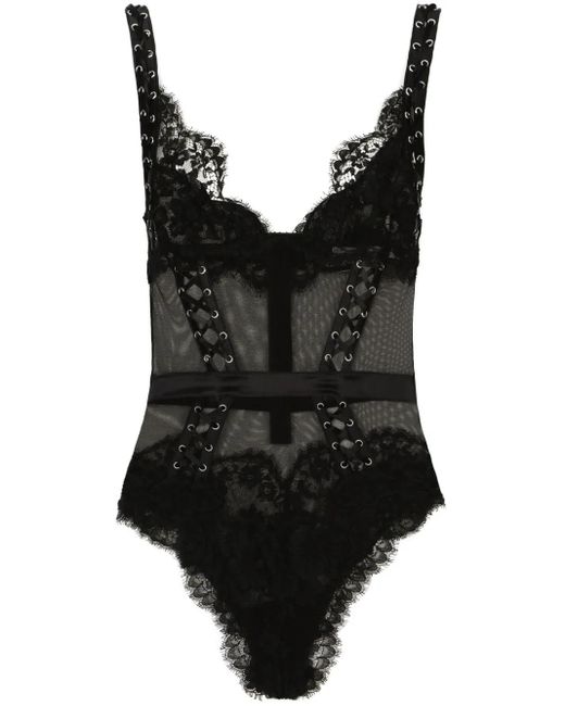 Dolce & Gabbana Black Floral-Lace V-Neck Bodysuit