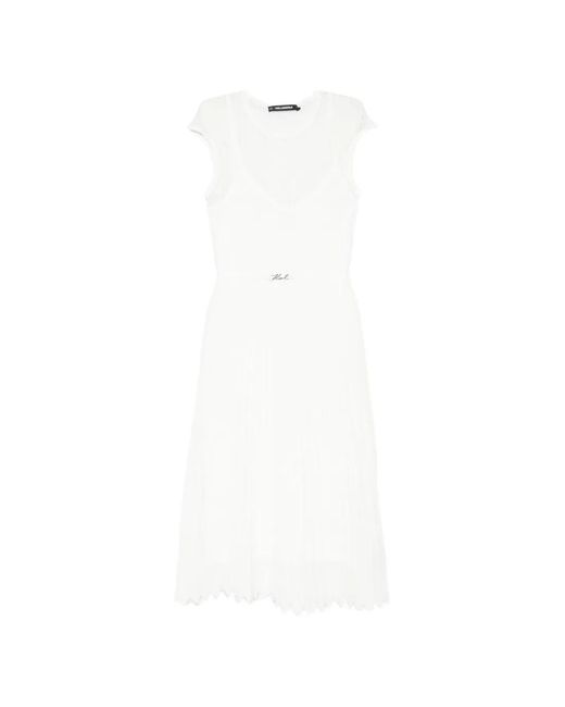Karl Lagerfeld White Pointelle-Knit Belted Midi Dress
