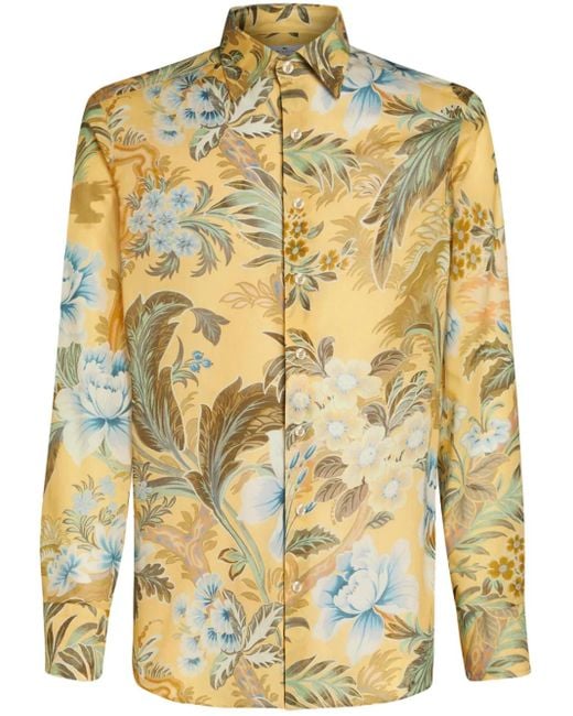 Etro Yellow Floral-Print Cotton Shirt for men