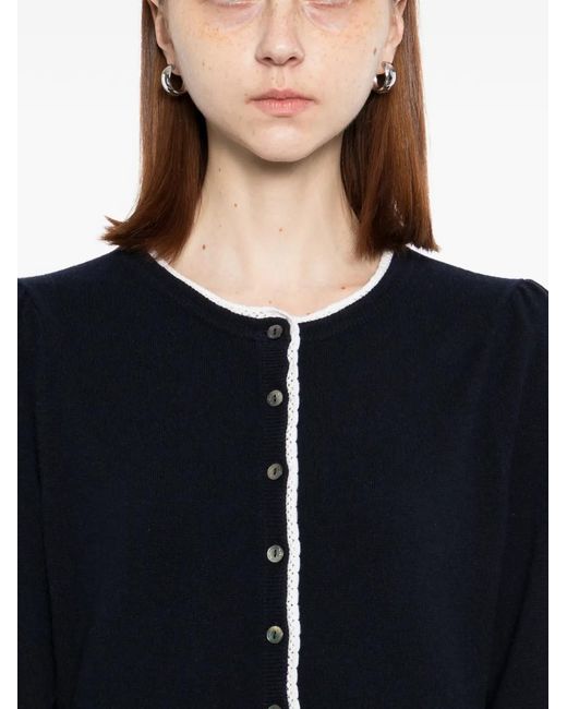 N.Peal Cashmere Black Lace Trim Crew Neck Cardigan