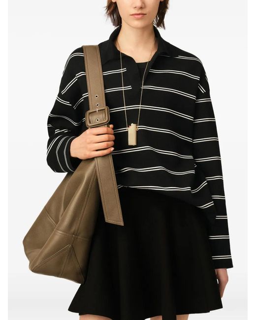 AMI Black Cotton Ami Patch Striped Polo