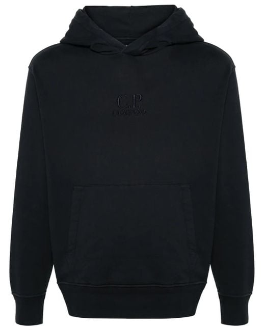 C P Company Blue Logo-Embroidered Cotton Hoodie for men